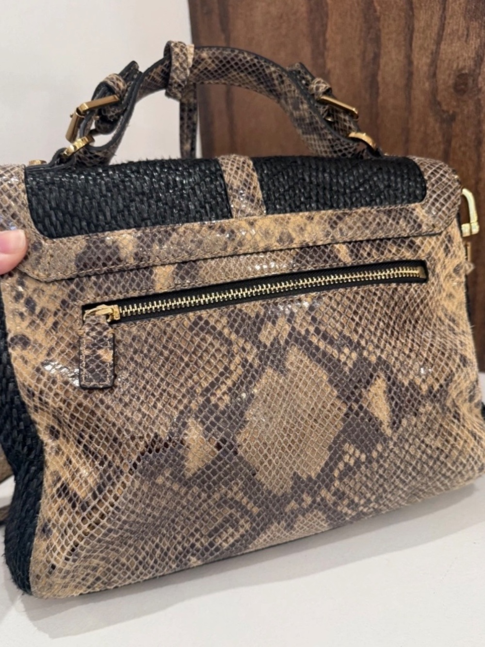 Tory Burch Black Woven and Snake-Print Brown Top Handle Shoulder Bag - Picture 6 of 16
